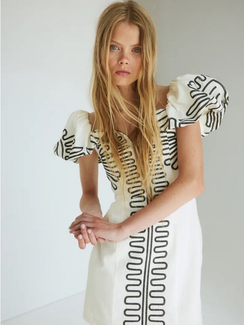 H&M LINEN-BLEND OFF-THE-SHOULDER DRESS